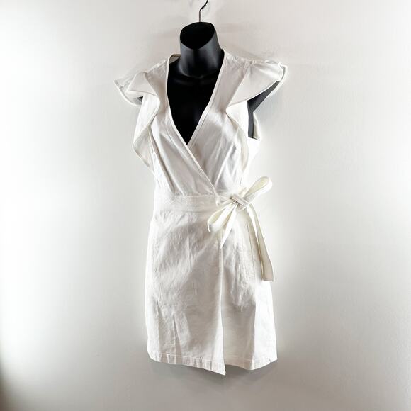 A.L.C Sidelle Linen Blend Wrap Ruffle Sleeve Mini Dress White 4 - Picture 12 of 13